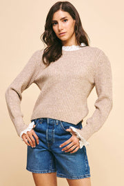 KNIT WOVEN COMBI SWEATER TOP - OATMEAL: L