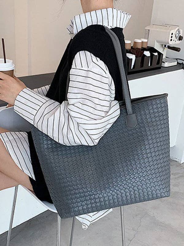 Solid Color Split-Joint Woven Bags Handbags Shoulder Bags Tote Bags: GRAY / One_size
