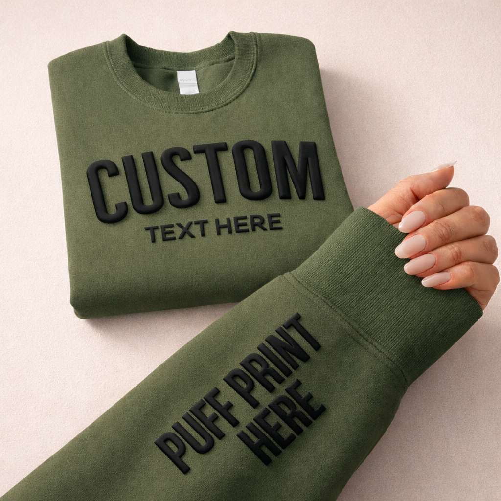 CUSTOM Wrist Sleeve & Front Puff Print Unisex Sweatshirt: Black / White / 2XL