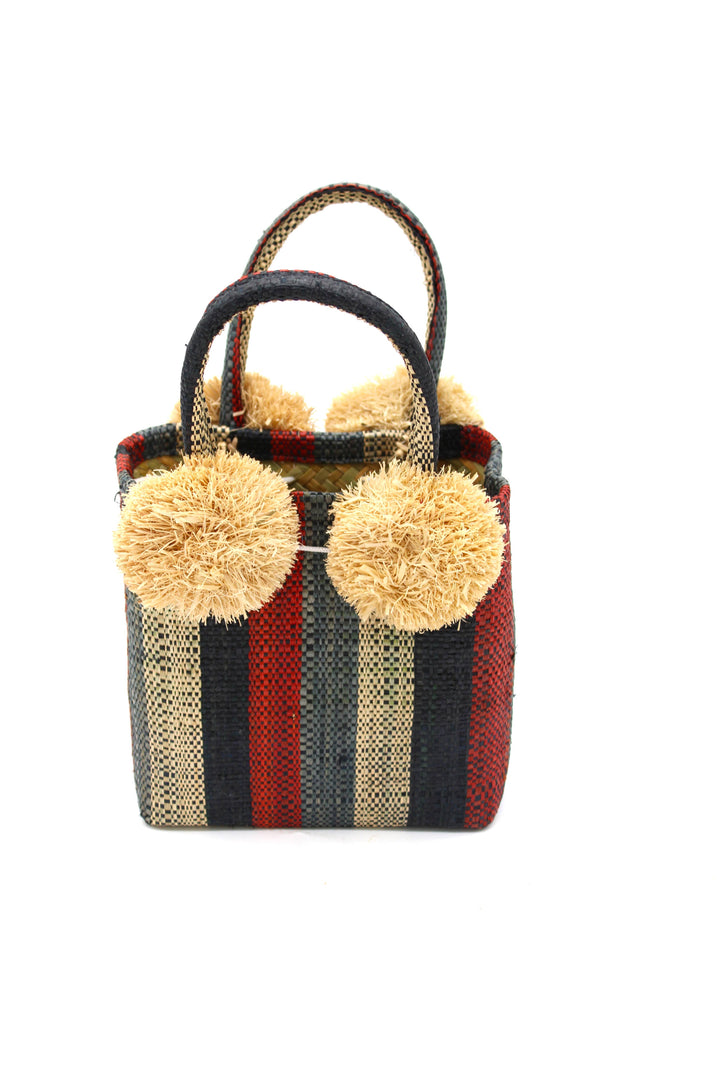 Schooner Straw Mini Bag with Pompom Accent: Black Two Tone Stripe