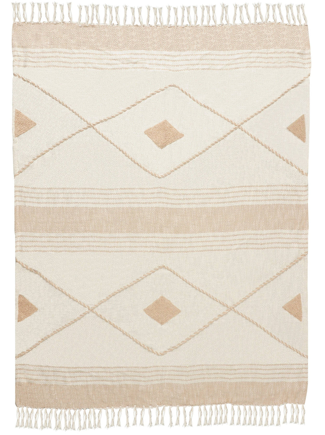Coastal Edge Geometric Diamond Throw Blanket with Fringe: Blue/White