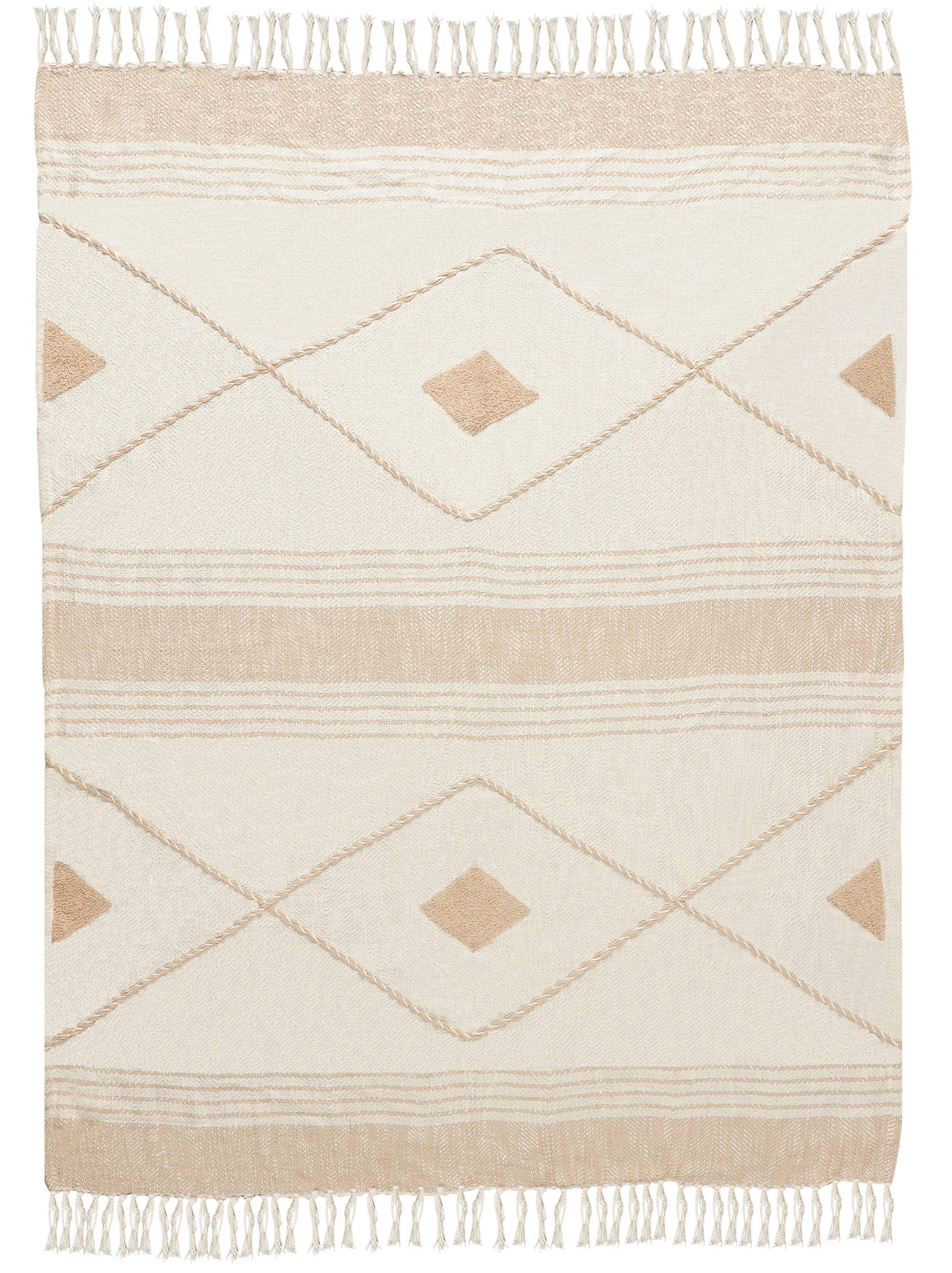 Coastal Edge Geometric Diamond Throw Blanket with Fringe: Blue/White