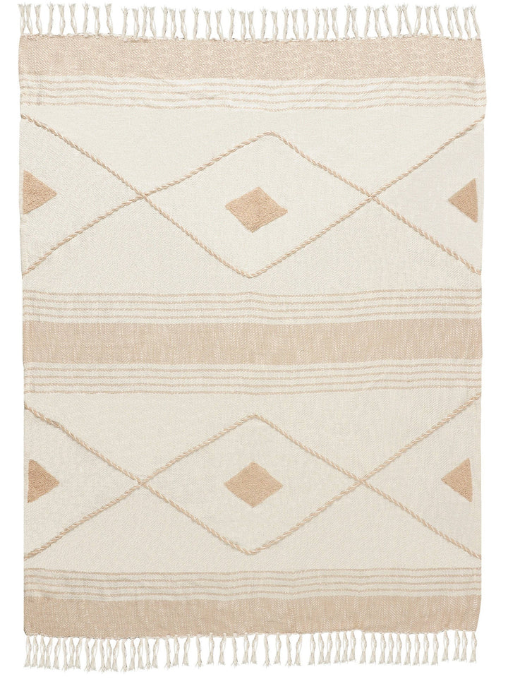 Coastal Edge Geometric Diamond Throw Blanket with Fringe: Blue/White