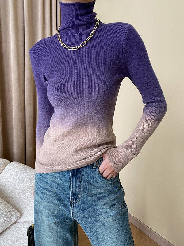 Long Sleeves Skinny Gradient High-Neck Pullovers Sweater Tops: CAMEL / One_size