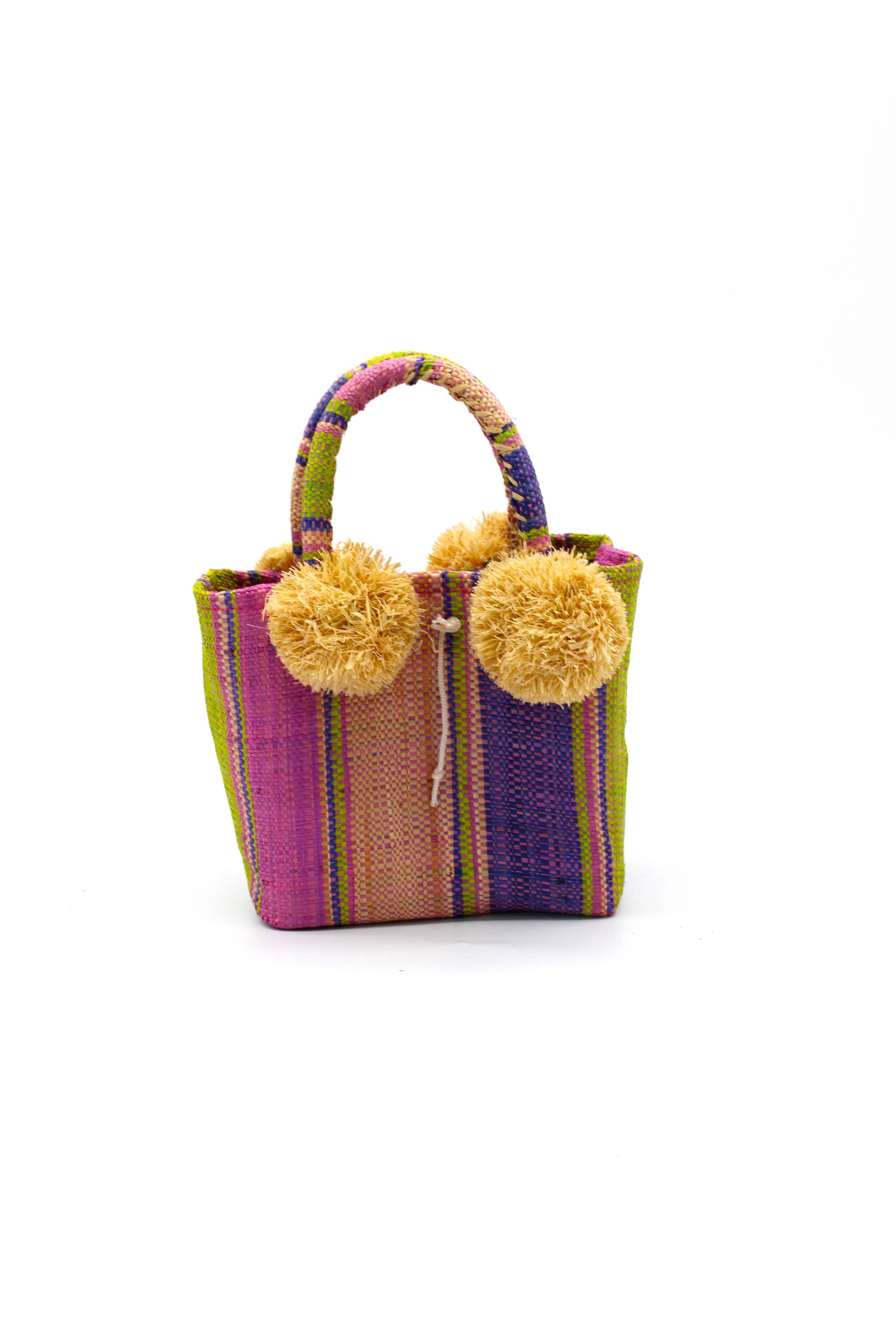 Schooner Straw Mini Bag with Pompom Accent: Black Two Tone Stripe