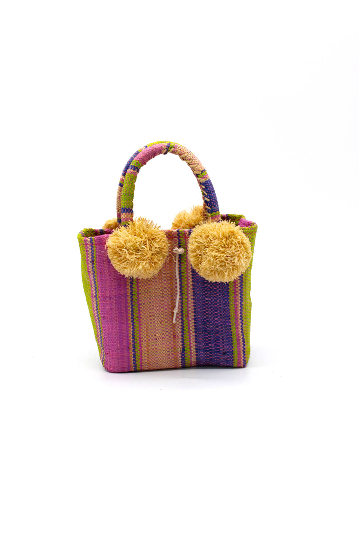 Schooner Straw Mini Bag with Pompom Accent: Black Two Tone Stripe