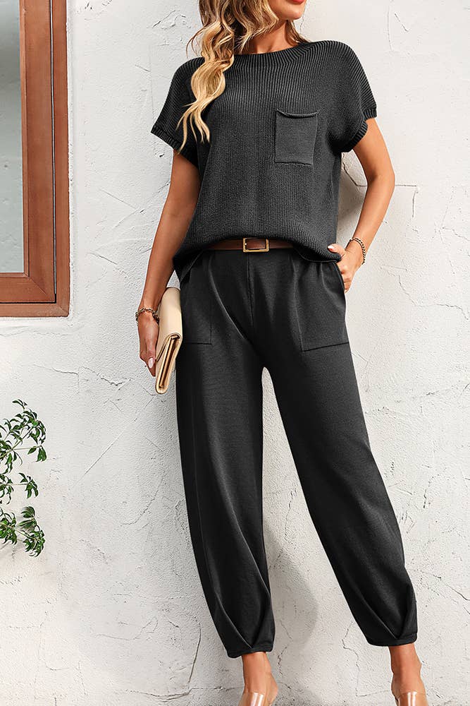 Plain Pocket Knit Top With Joggers 2pcs Pant Set MD092: Black / S