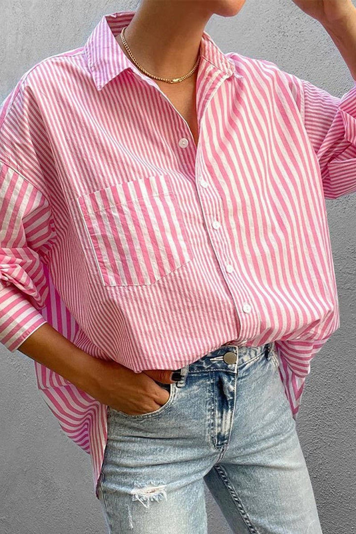 CWTSTL0917_Button Down Casual Striped Long Sleeve Top: Pink / (S) 1