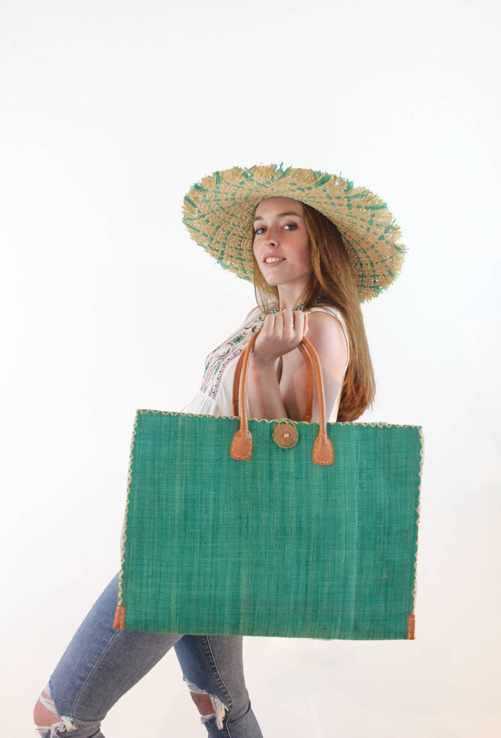 Zafran Solid Straw Beach Bag with Plastic Liner - 2 Sizes: Large / TOBACCO