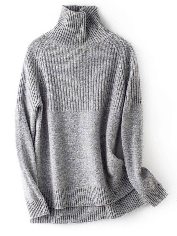 Casual Long Sleeves Loose Solid Color High-Neck Sweater Tops: GRAY / M