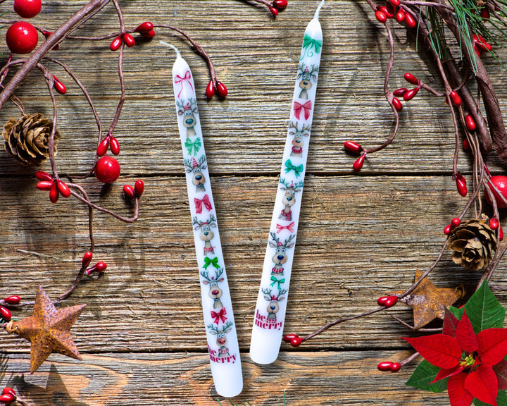 Be Merry Reindeer Christmas Taper Candle Decor, Holiday Deco