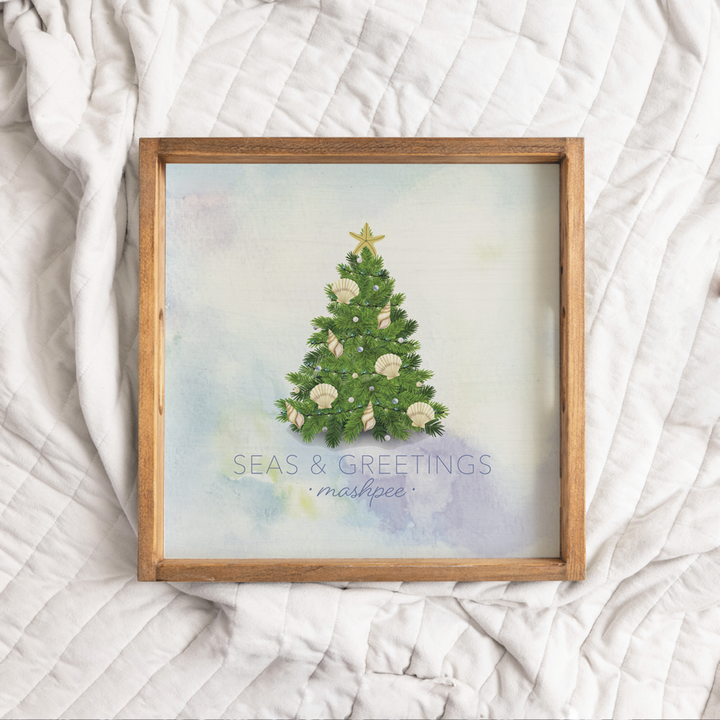 Personalized Coastal Christmas Tree Wooden Tray: Natural