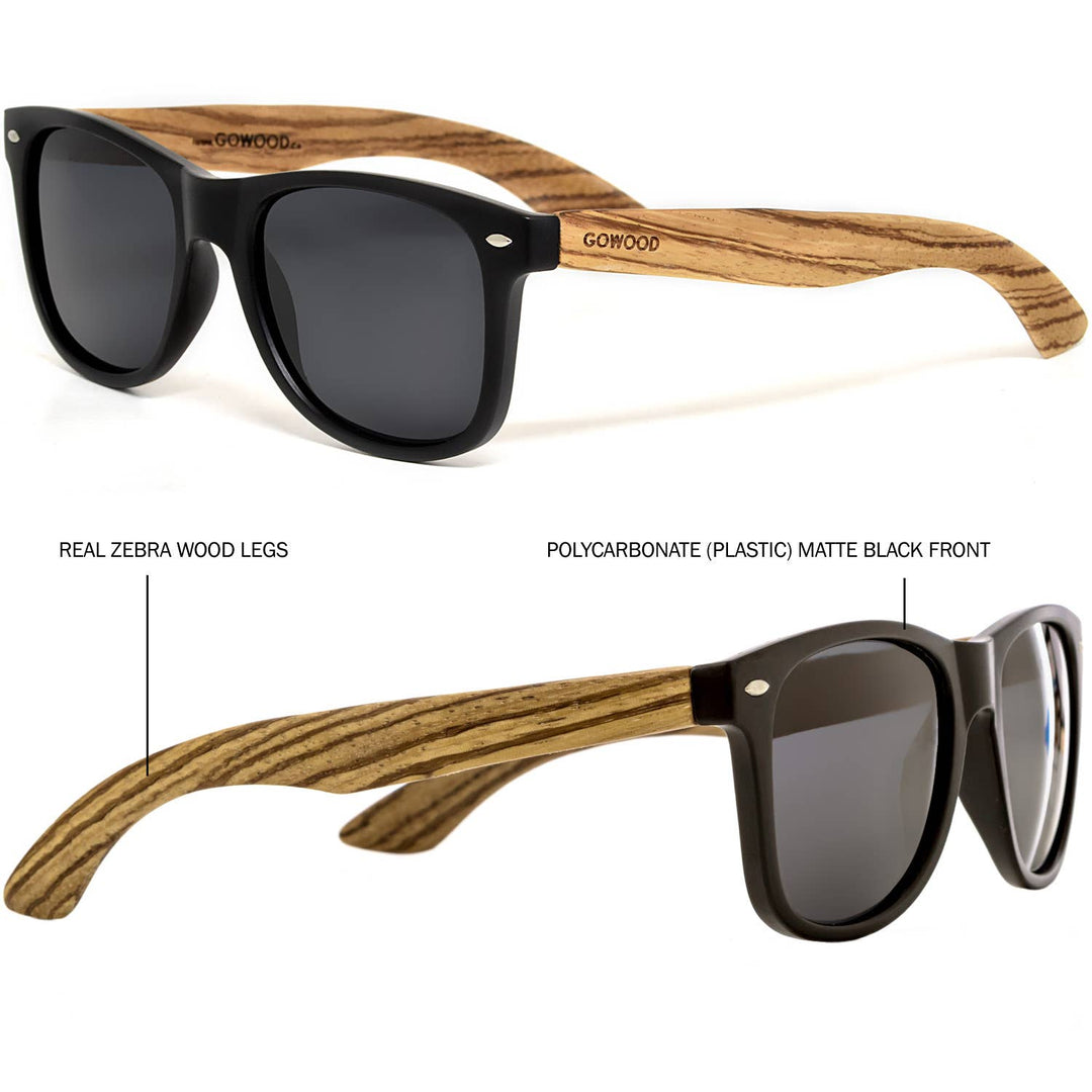 Zebra Wood Sunglasses with Black Polarized Lenses