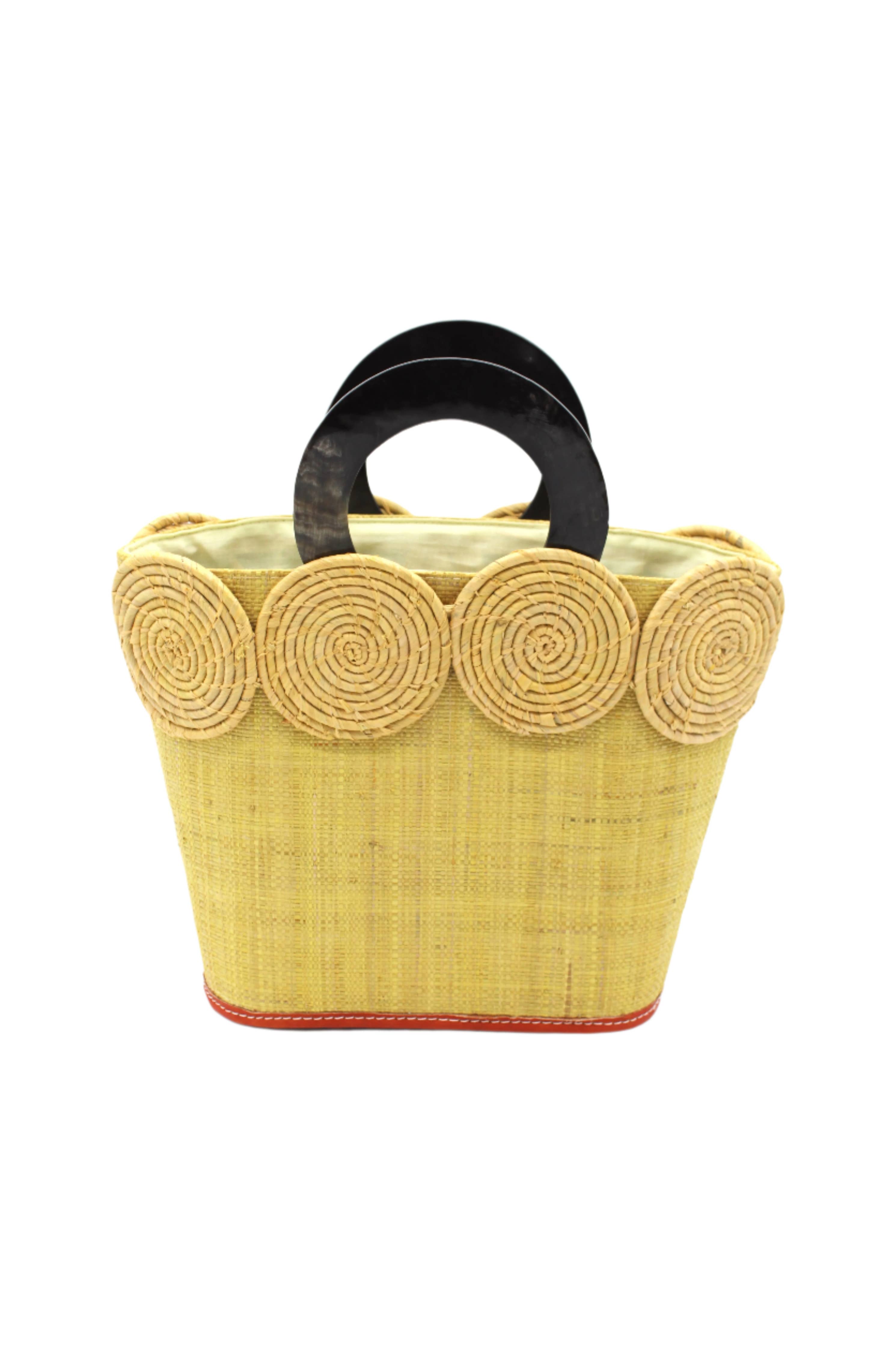 Tazi Disc Straw Bucket Handbag with Horn Handles: Natural