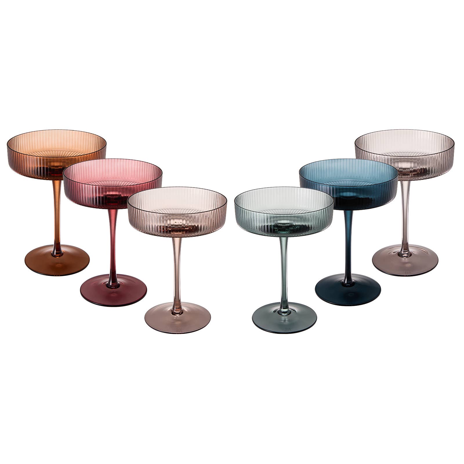 Art Deco Ribbed Pastel Coupe, & Cocktail Glasses - 6 Set
