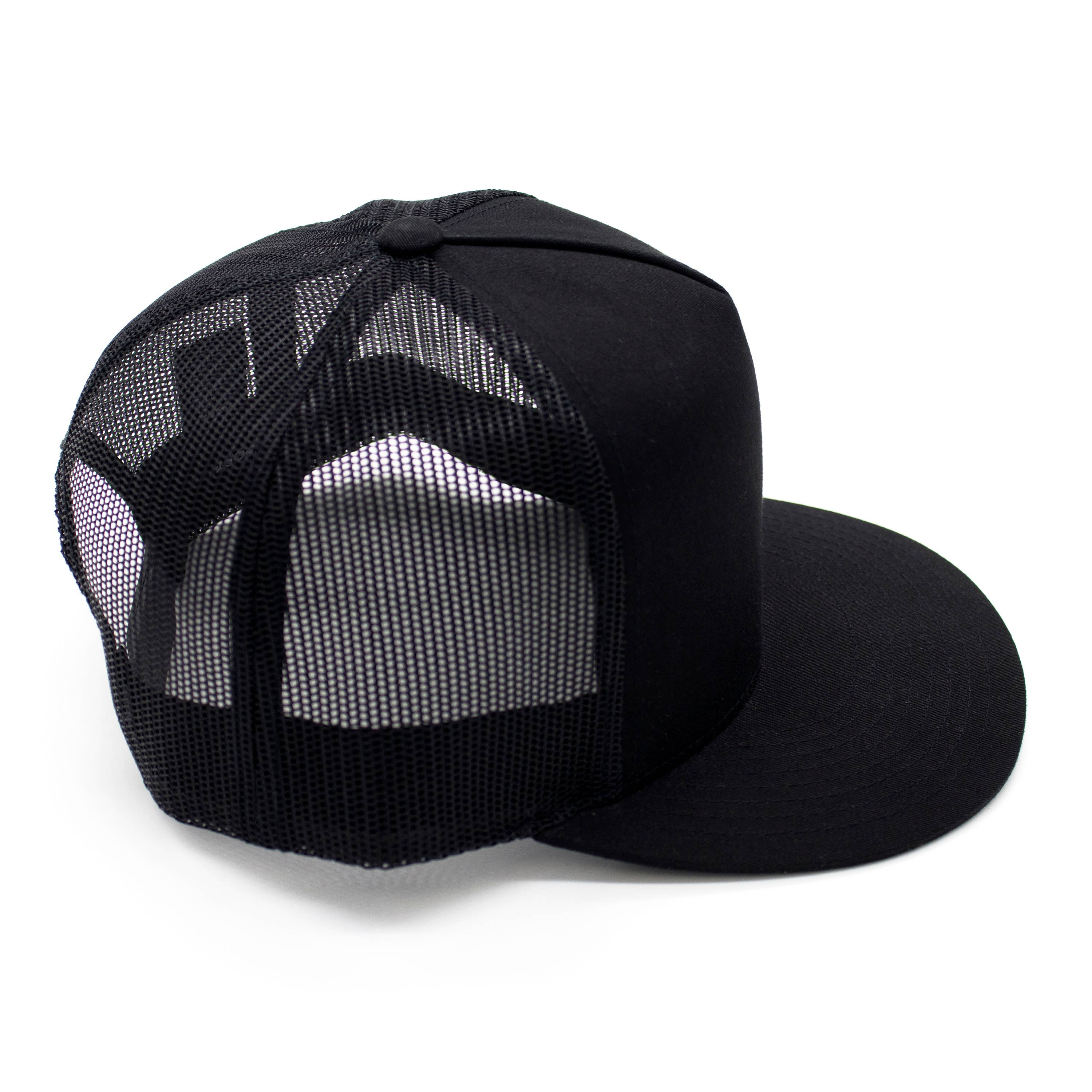 CUSTOM TEXT Raised Print Snapback Trucker Hats: All Black / White