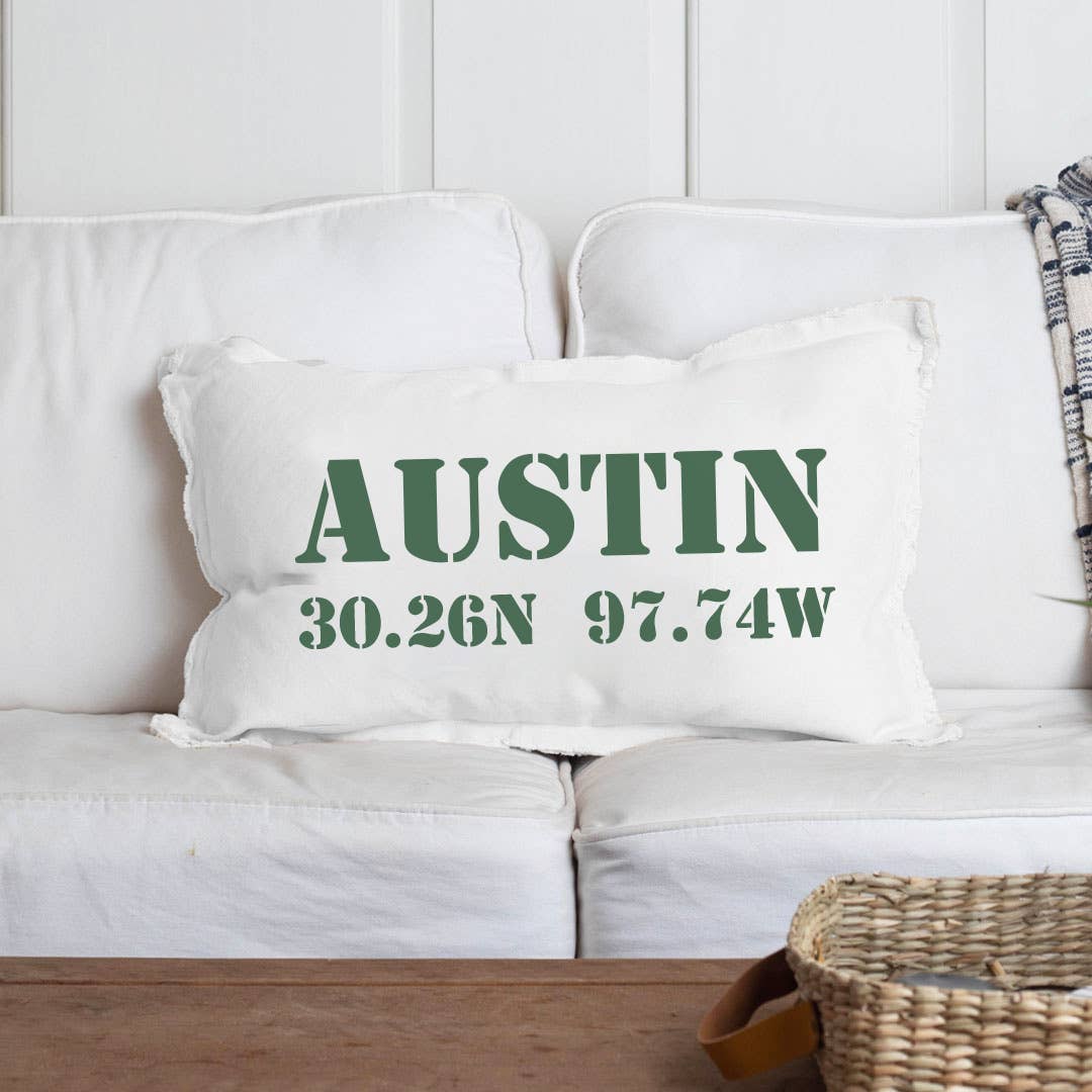 Personalized Your Word + Coordinates Stencil Lumbar Pillow: Natural / 18" X 25"