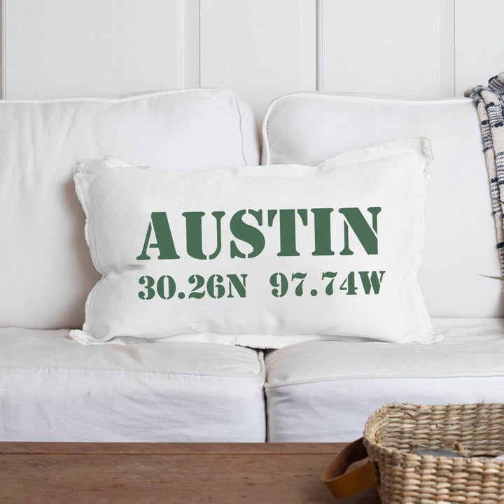 Personalized Your Word + Coordinates Stencil Lumbar Pillow: Natural / 12" X18"