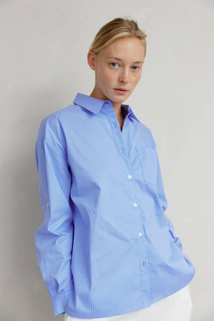 The Annalise Top | Pinstripe Button-Down Top: BLUE/WHITE / LARGE