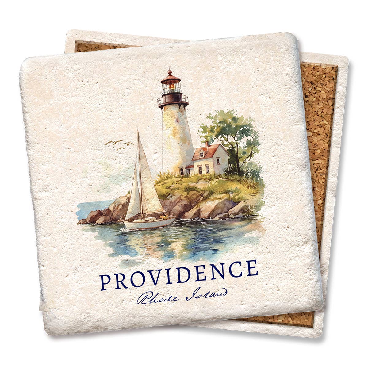 Custom Lighthouse Sailboat Name Drop Coaster: Limestone