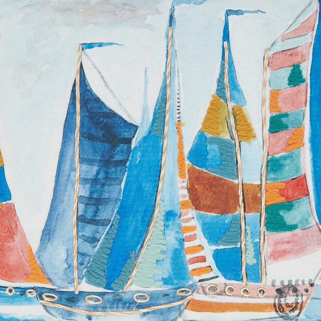 Charming Outdoor Sail Boats Pillow: Multi / Poly Filled / 20"