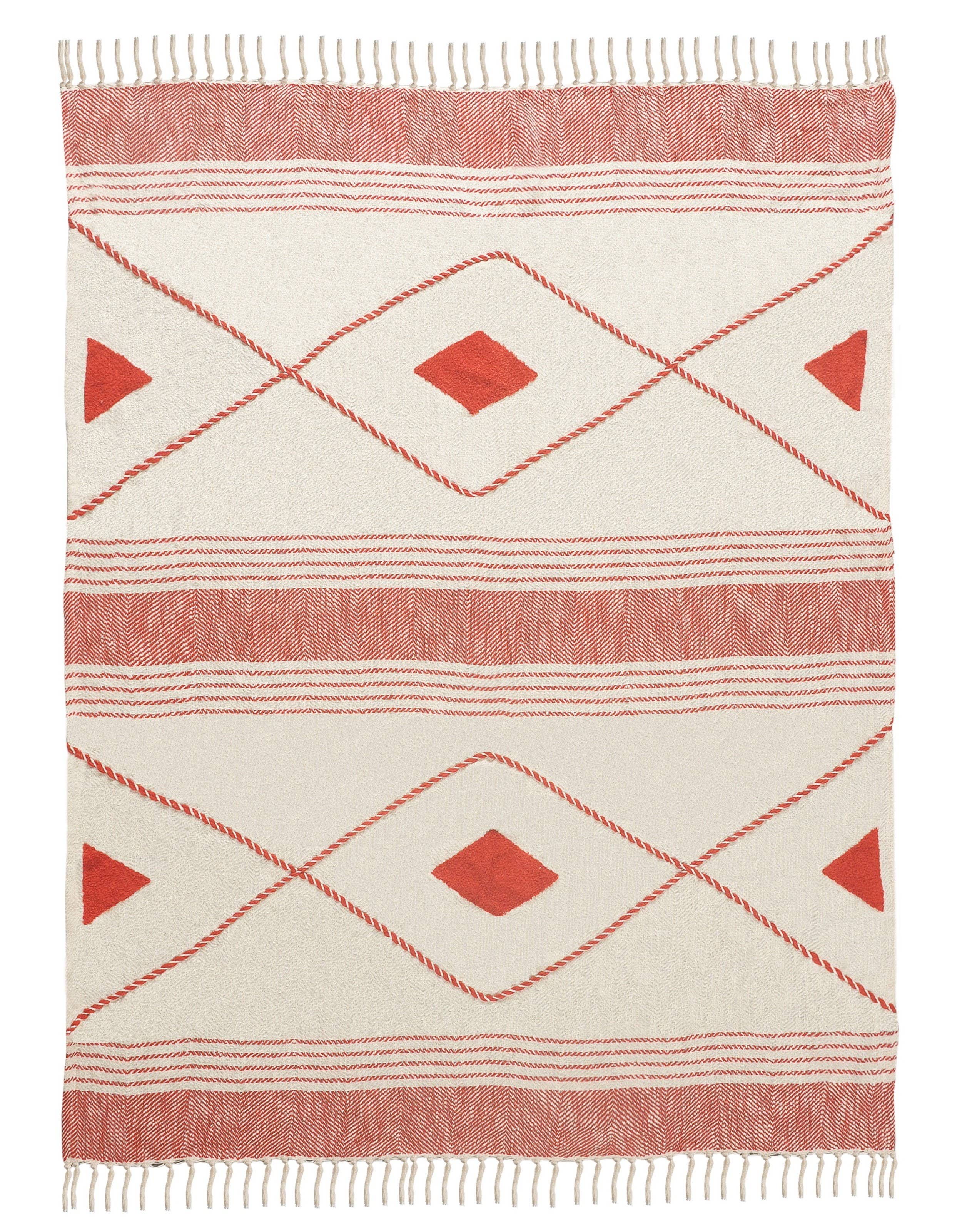 Coastal Edge Geometric Diamond Throw Blanket with Fringe: Blue/White