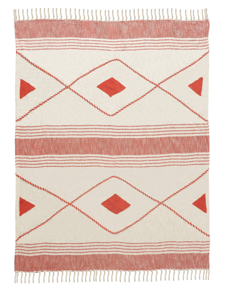 Coastal Edge Geometric Diamond Throw Blanket with Fringe: Blue/White