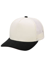 Vegan Suede 5 Panel Snap Back Trucker Hat: BEIGE/BLACK / ONE SIZE