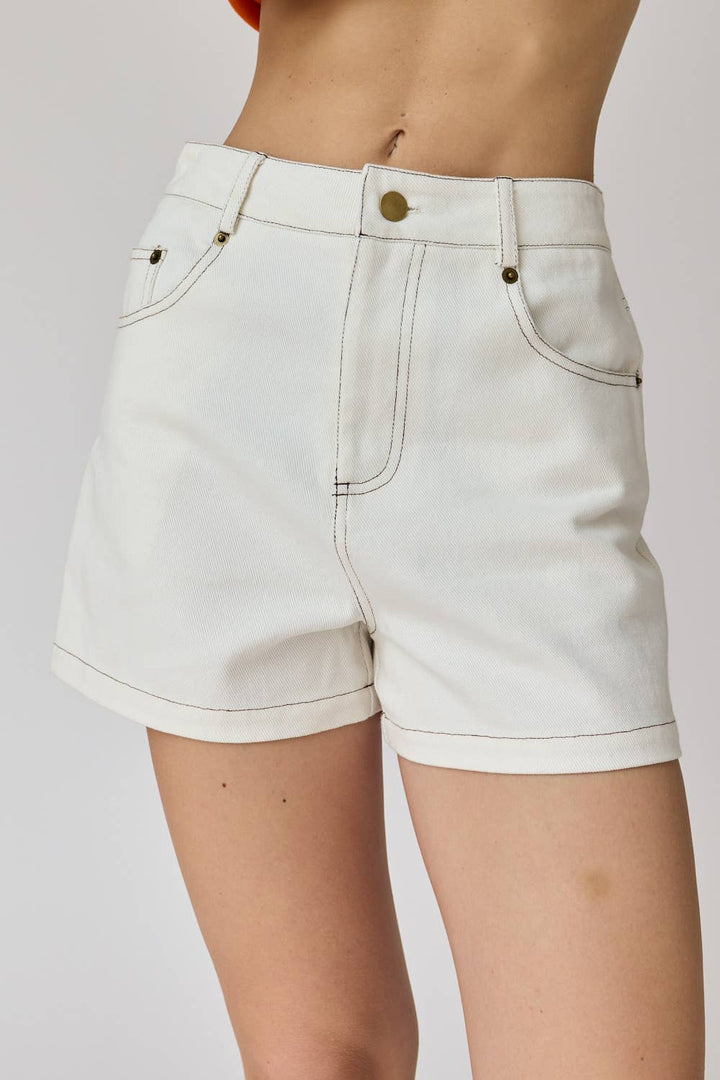 PP18183 - Mila Contrasting Stitch Denim Shorts: S / Taupe/White