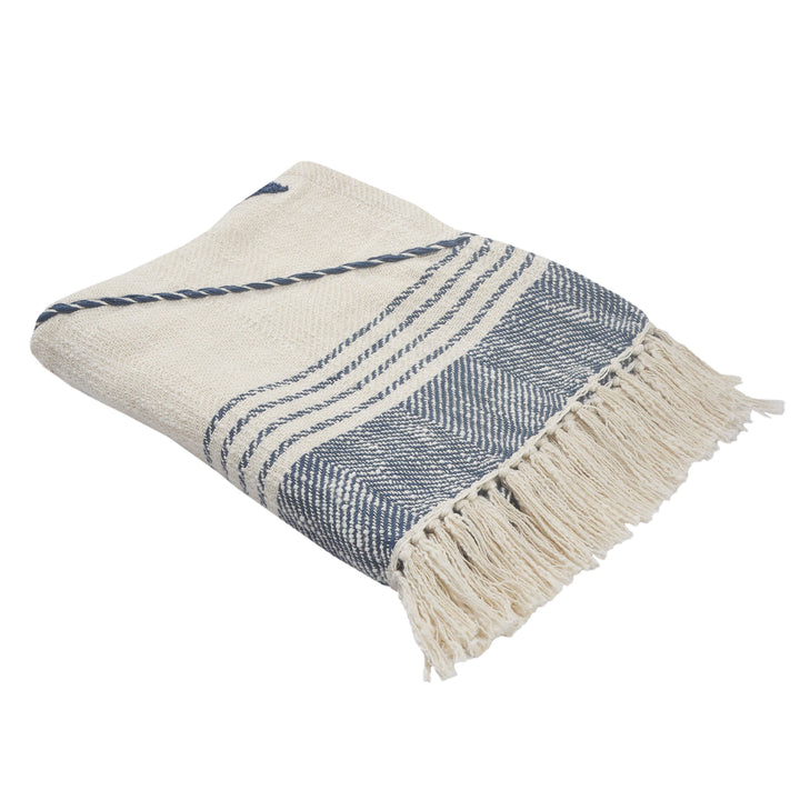 Coastal Edge Geometric Diamond Throw Blanket with Fringe: Blue/White