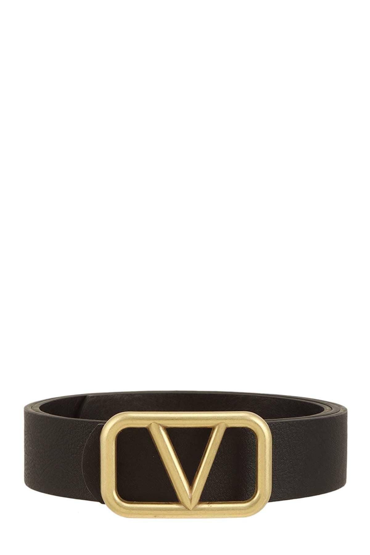 METAL V BUCKLE LEATHER BELT: Light beige