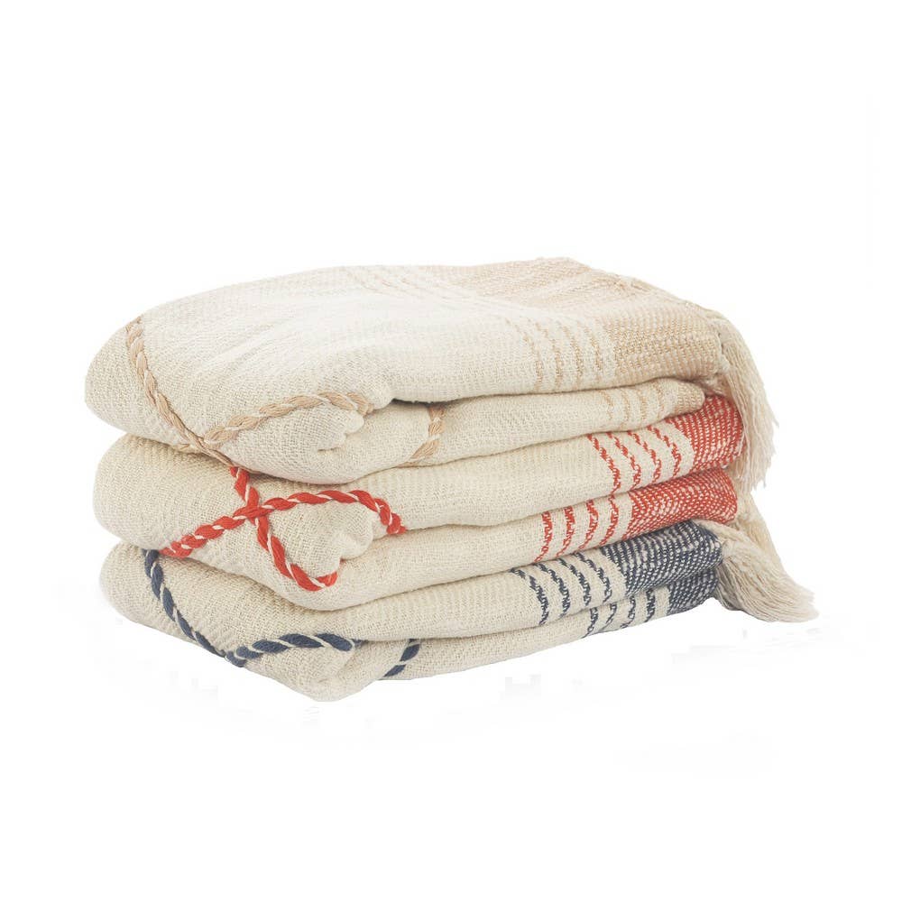 Coastal Edge Geometric Diamond Throw Blanket with Fringe: Blue/White