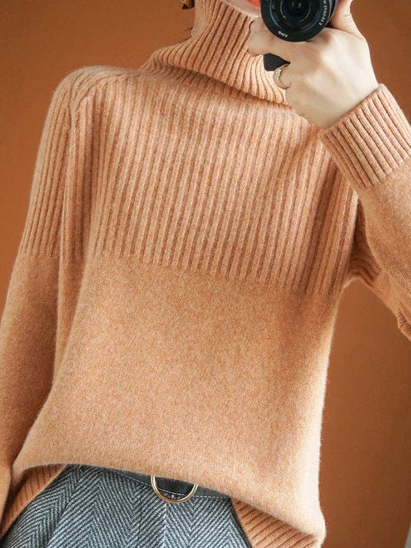 Casual Long Sleeves Loose Solid Color High-Neck Sweater Tops: GRAY / M