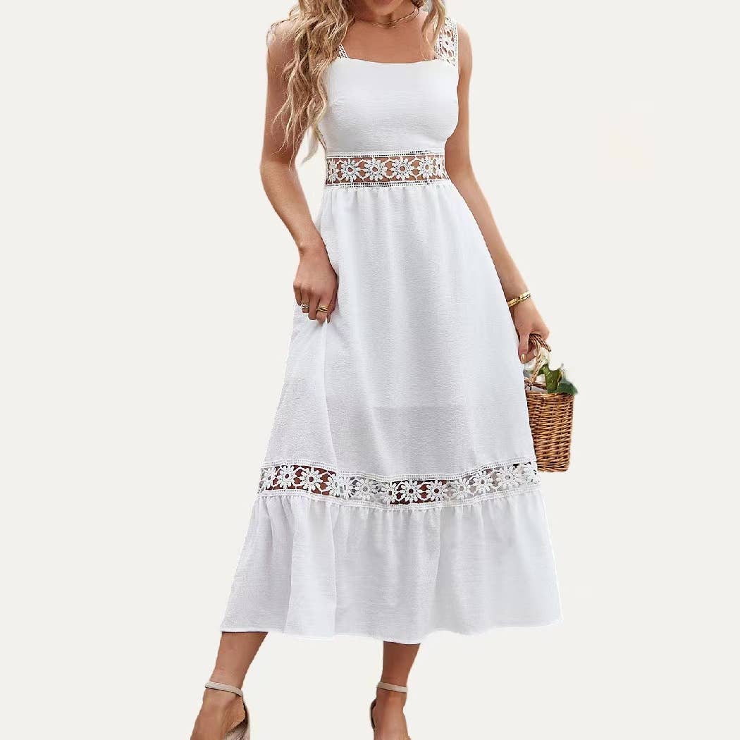 Godness Crocheat Wide Straps Sleeveless Maxi Dress: BLACK / L