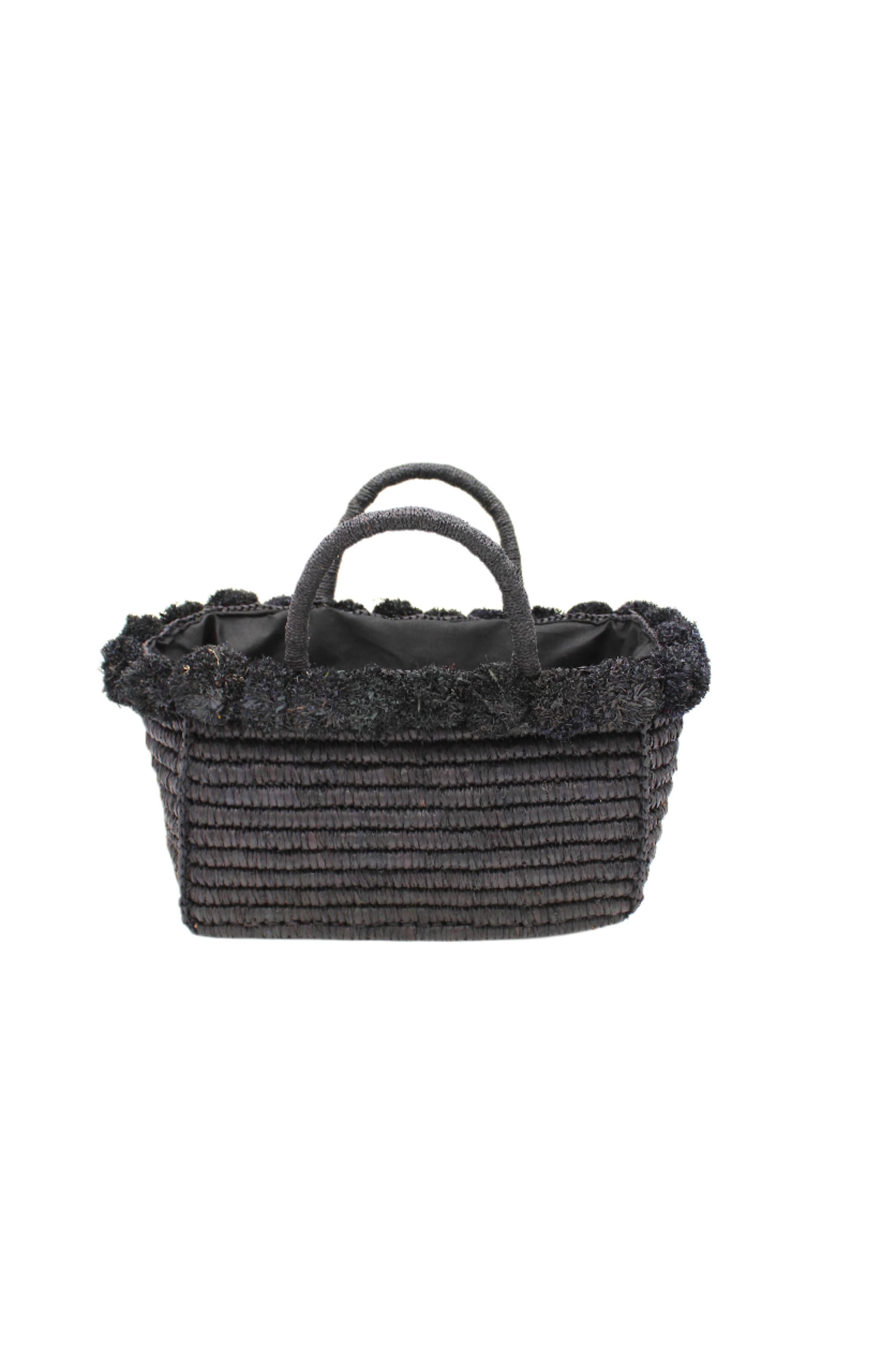 Rico Crochet Rectangle Straw Basket Handbag PomPom Trim Edge: Natural