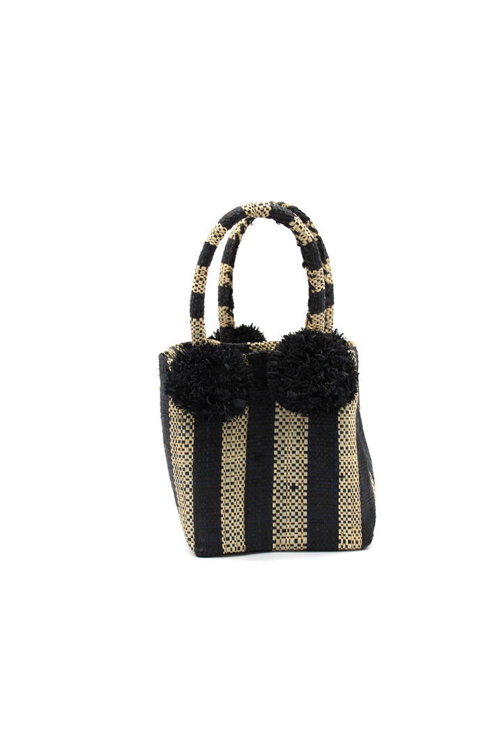 Schooner Straw Mini Bag with Pompom Accent: Black Two Tone Stripe