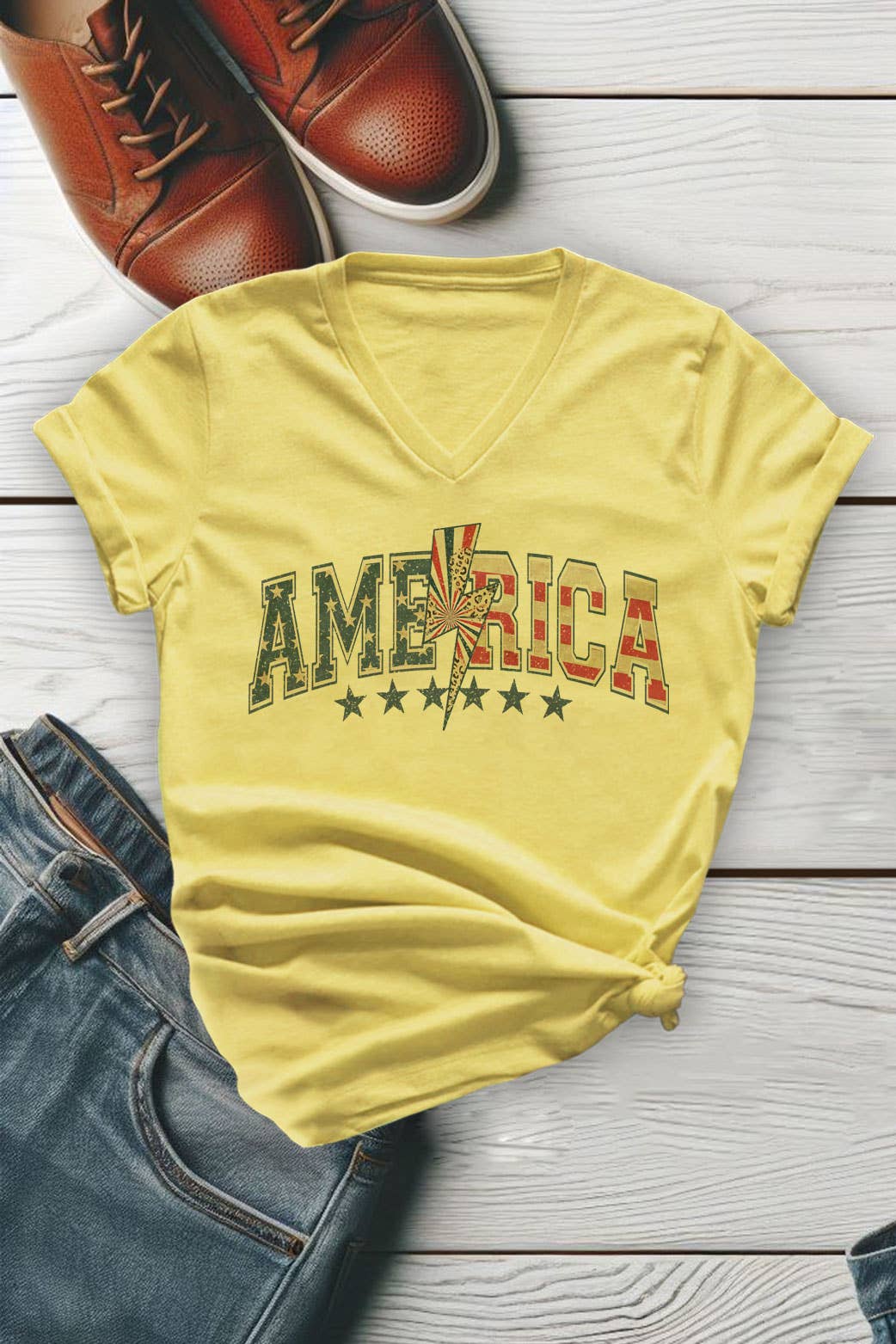 Leopard Lightning Bolt America 4th of July, Unisex V-neck T-Shirt: M / White / Graphic T-Shirt
