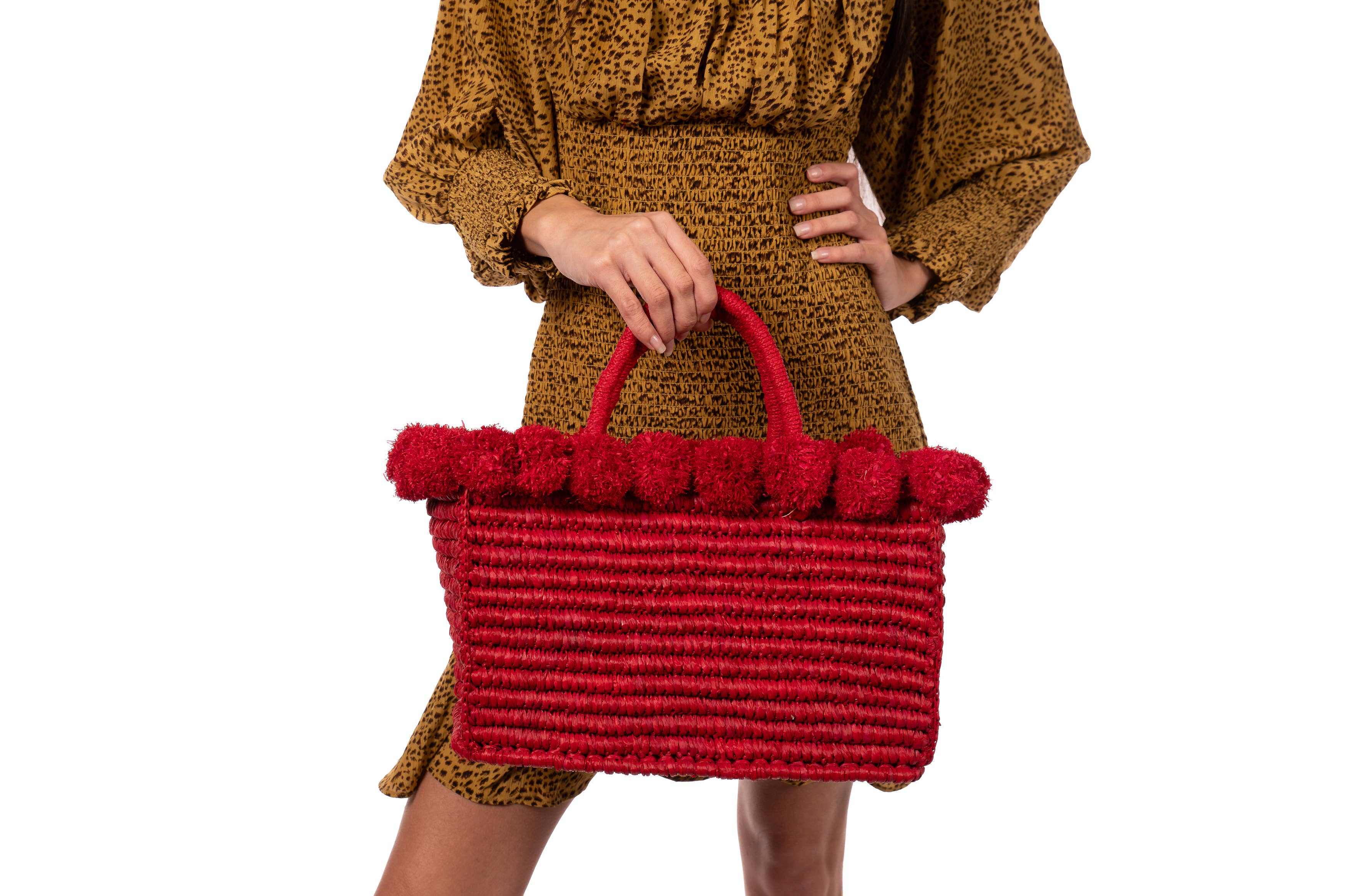 Rico Crochet Rectangle Straw Basket Handbag PomPom Trim Edge: Natural