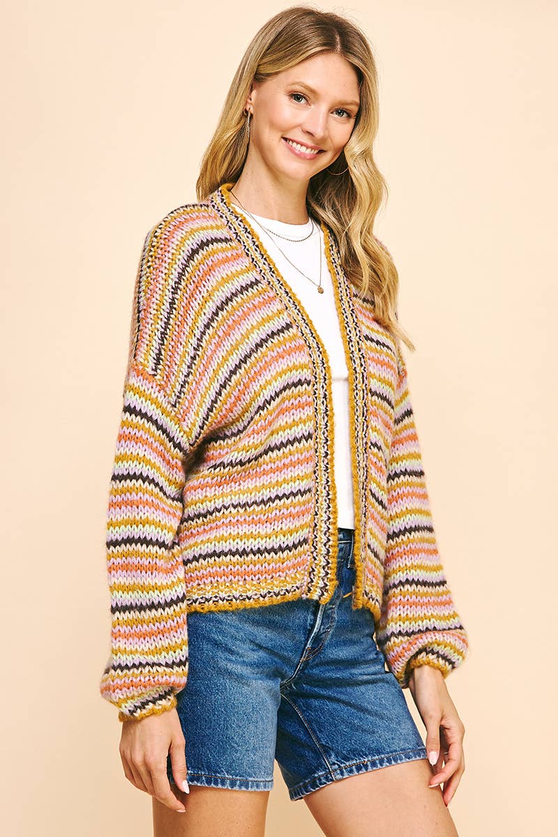 STRIPE OPEN STYLE CARDIGAN - MUSTARD STRIPE: ML