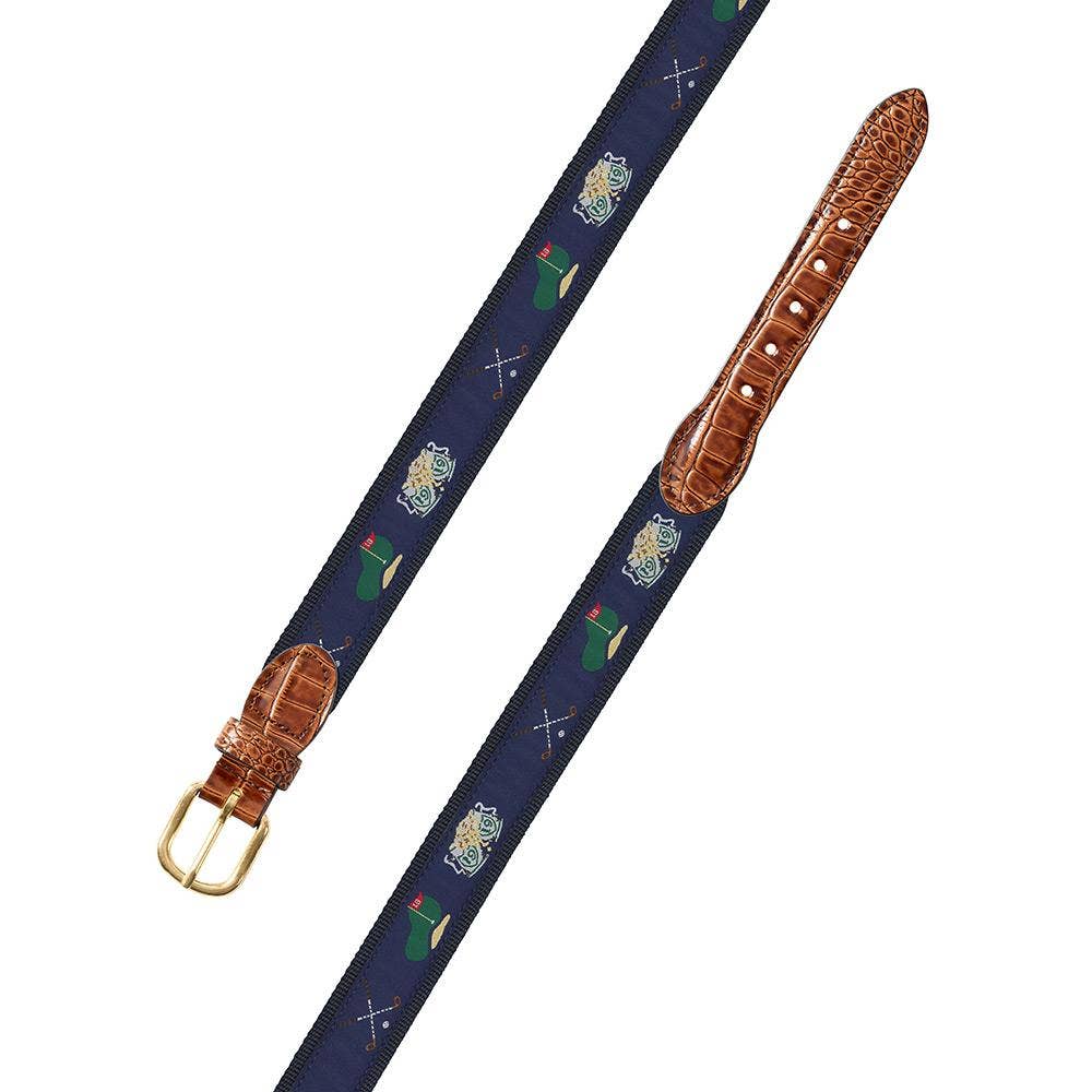Navy Golf Motif Leather Tab Belt: Brown Leather Tabs / 36"