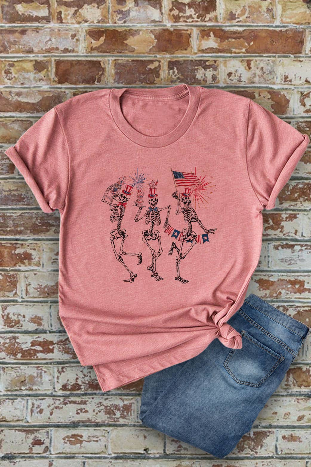 Fourth of July Skellies, 4th of July, Unisex Round Neck T-Shirt: L / White