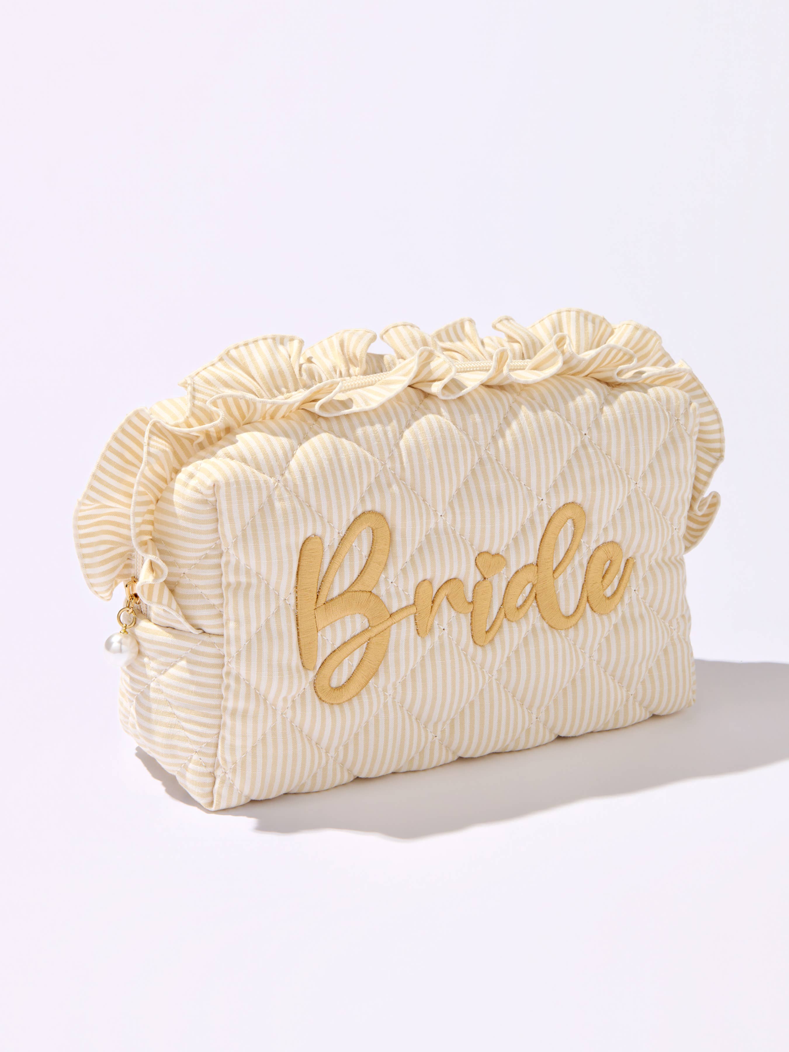 RUFFLE "BRIDE" LARGE ZIP POUCH,BEIGE