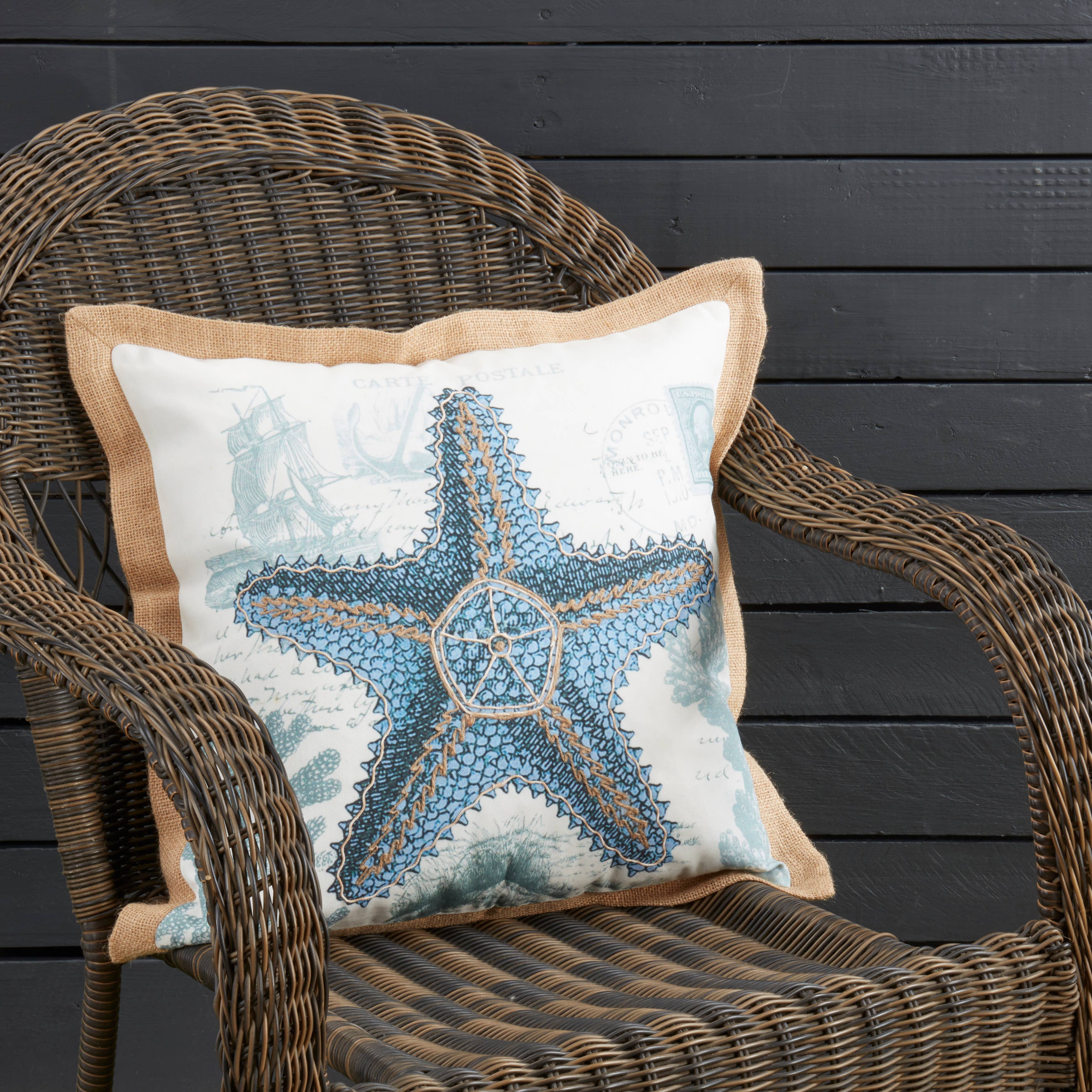Coastal Outdoor Starfish Pillow: Navy Blue / Poly Filled / 18"