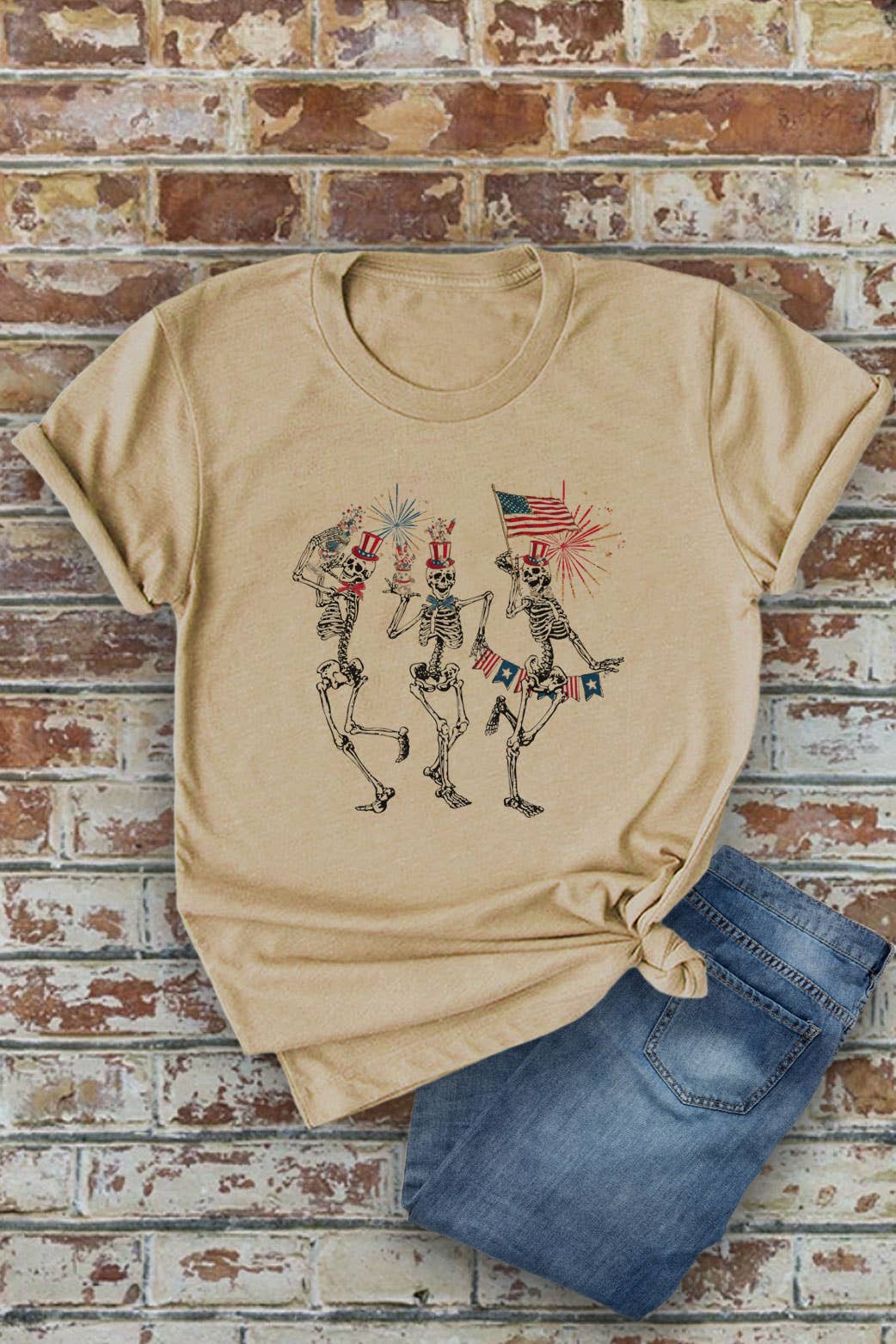 Fourth of July Skellies, 4th of July, Unisex Round Neck T-Shirt: L / White