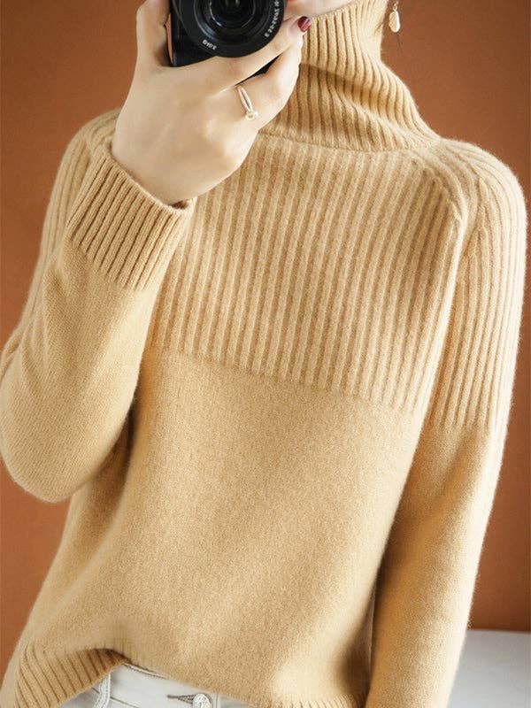 Casual Long Sleeves Loose Solid Color High-Neck Sweater Tops: GRAY / M