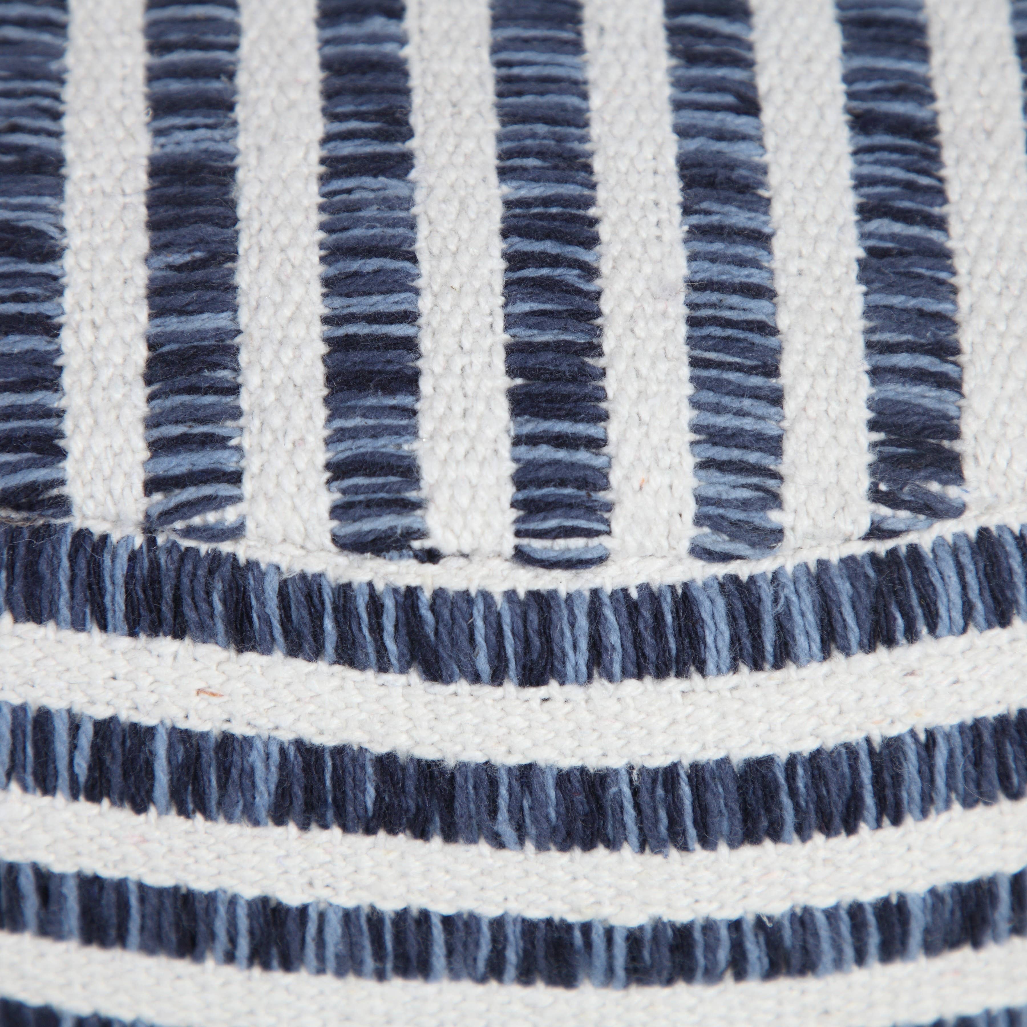 Blue and White Woven Stripe Pouf Ottoman