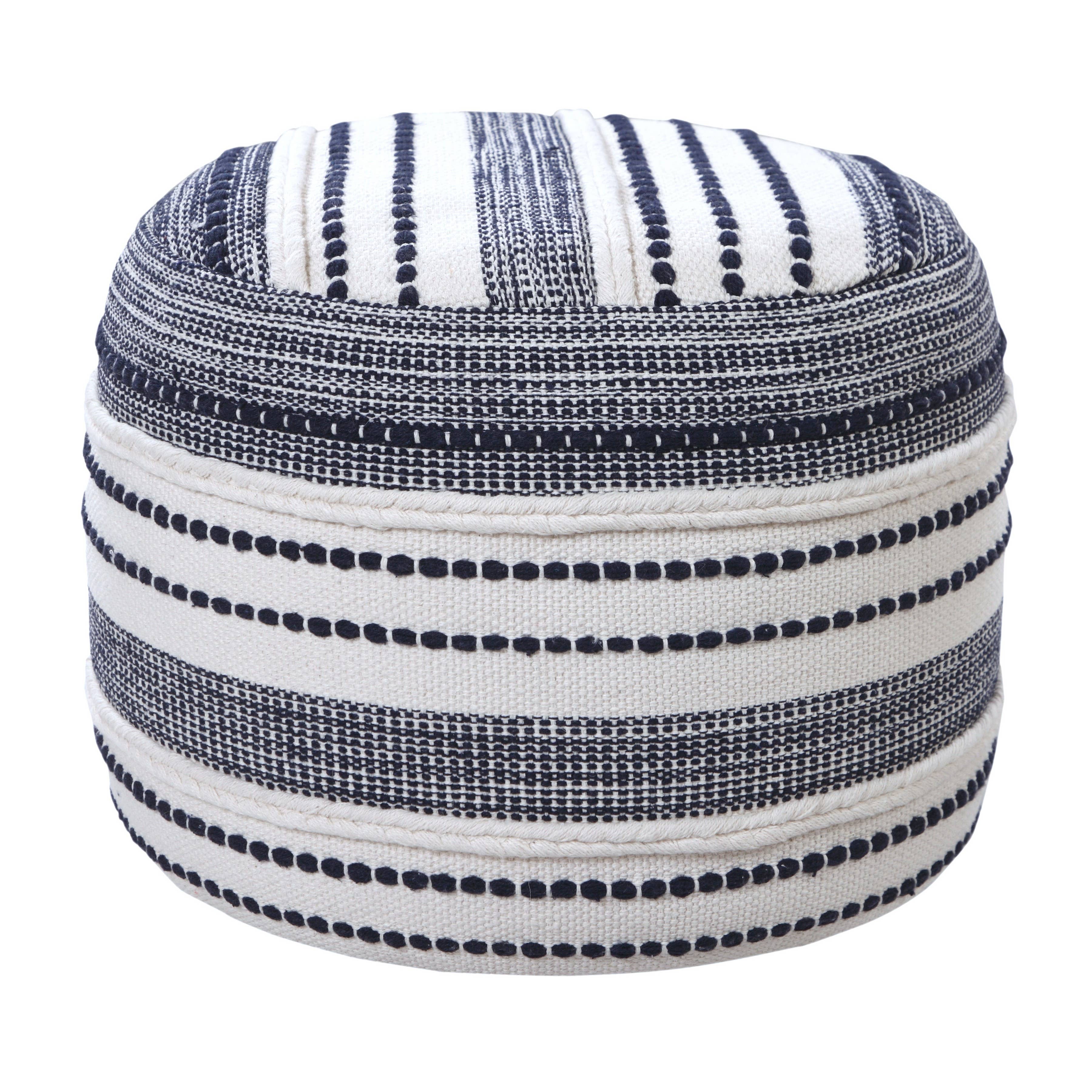 Navy and Ivory Seaside Striped Textured Pouf Ottoman: Blue/White