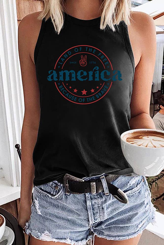 America Letter Print Graphic Tank Top STC125C195: White / XL