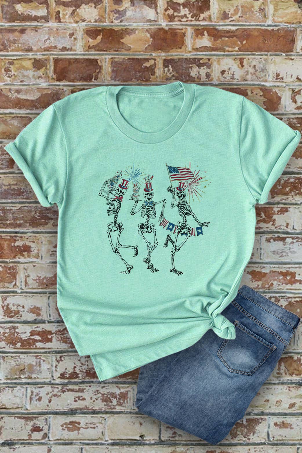 Fourth of July Skellies, 4th of July, Unisex Round Neck T-Shirt: L / White