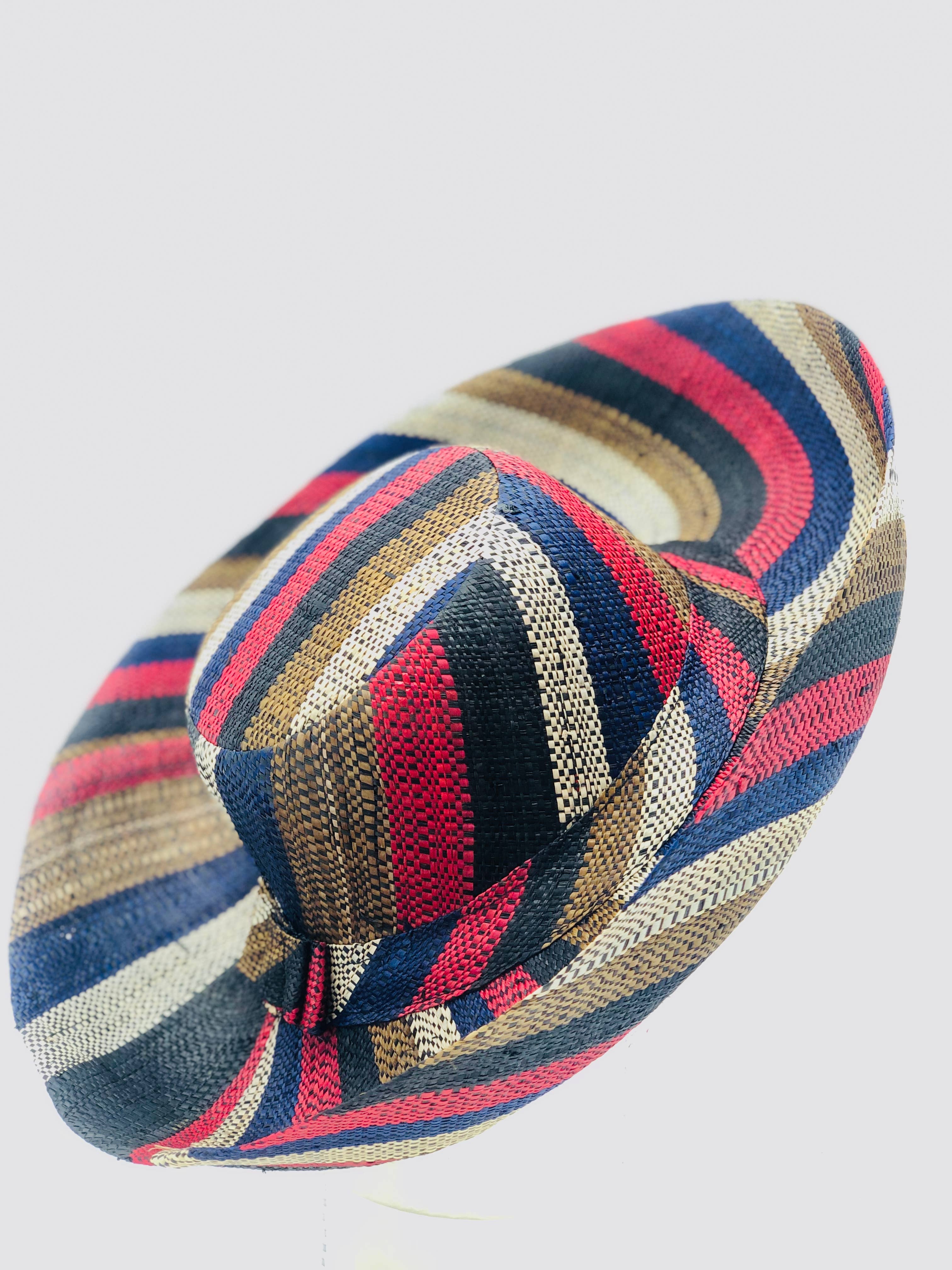 Sun Hats: Colored Stripes Packable 5" & 7" Brim Raffia Straw: 7"Brim / Black Swirl